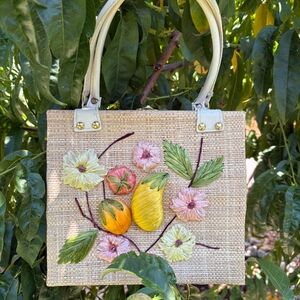 Vtg 70’s Mister Ernest Simon Box Woven Straw  Floral/Fruit Embroidered Handbag